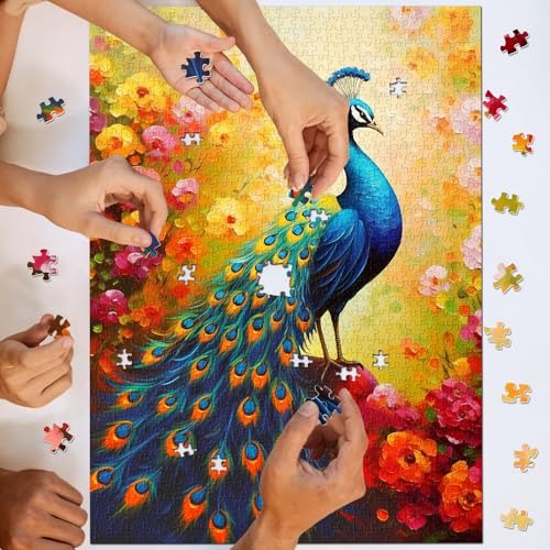 Image of Vintage Peacock Puzzles for Adults 1000 Pieces, Colorful Bird Art Garden Jigsaw Puzzles, Gradient Flower Animal Puzzles as Peacock Decor