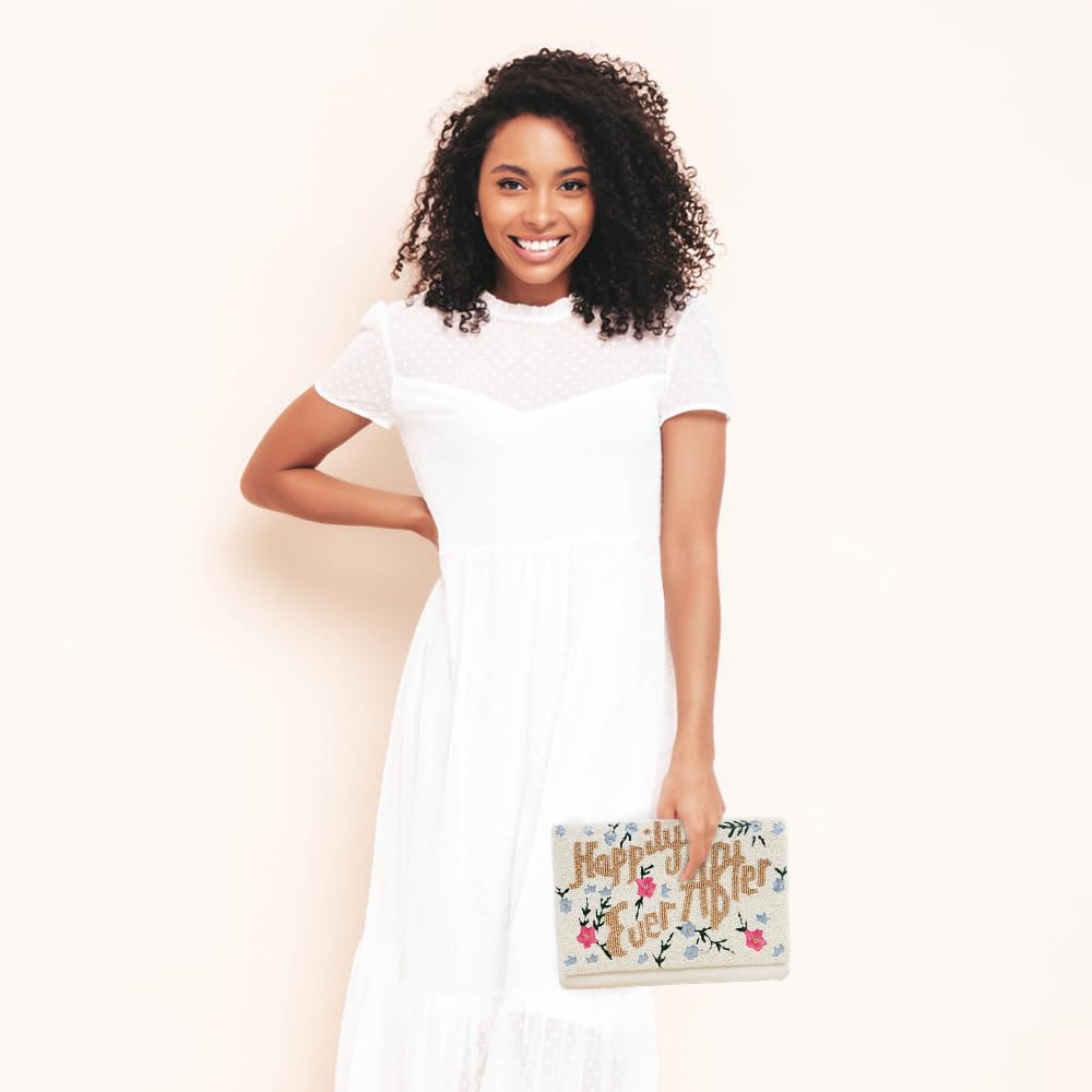 HAPPILY EVER AFTER Clutch Purse for Wedding Day Beaded for Bachelorette Party, Bridal Purse Bridal Shower GIfts & Engagement Gifts for Bride To Be