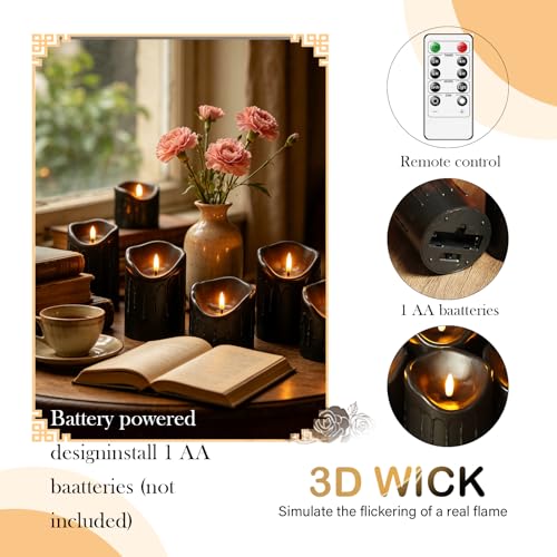 Image of 9 Pcs Flickering Flameless LED Pillar Candles, (D 3 inch x H 3 inch 4 inch 5 inch 6 inch 7 inch) Battery Operated with Remote Plastic Wax Drip Fake Candles for Home Wedding Holiday Decor,Black