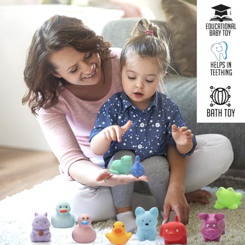 Image of Amazon Brand - Jam & Honey Baby Bath Toy Set of 10 for Toddlers I Colorful Combo of Farm Animals I Floating Bath Chuchu Toys (Multicolor)