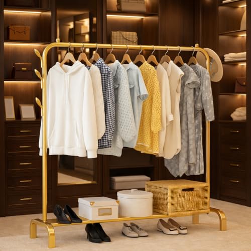 Image of Mevigo Heavy Duty Metal Clothing Rack with Storage Shelf | Freestanding Garment Organizer for Clothes, Shoes & Bags | Modern Wardrobe Rack for Bedroom, Entryway & Laundry Room -Bright Gold