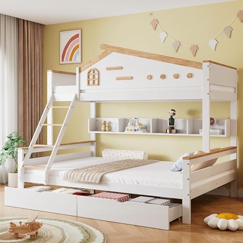 MQGPM Litera de 90 x 200 y 140 x 200 cm con cajones y escalera, cama para niños y adolescentes, color blanco