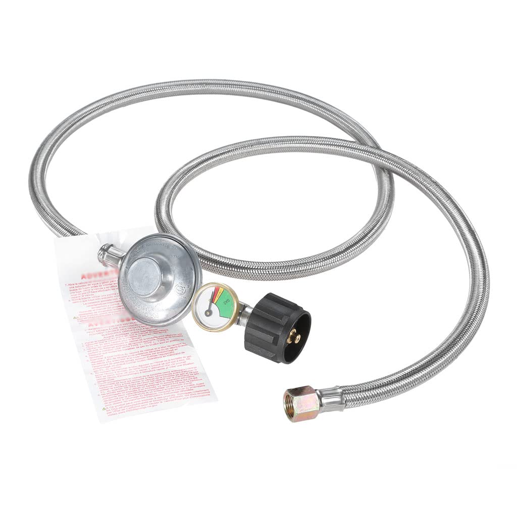 NOBRIM Propanregler und Schlauchanschluss-Set, 1,52 m Langer, geflochtener Propanreglerschlauch aus Edelstahl mit Manometer für Gasgrill-Terrassenbrenner