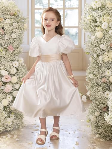 MCieloLuna Puffy Short Sleeve Satin Flower Girl Dresses Ankle Length A-Line Wedding Pageant Birthday Tutu Party Gowns3