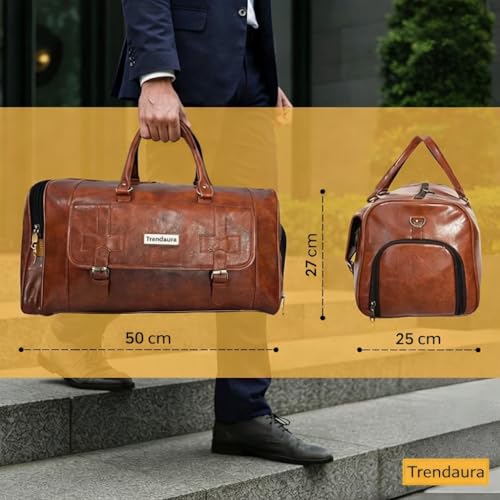 Image of Faux Leather Travel Duffle Bag 40L | Gym & Weekend Travel Bag with Shoe Compartment | Water Resistant Large Overnight Bag for Men & Women | Stylish Brown Carry Bag