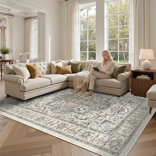 Tapete beige grande 8x10 lavable antideslizante miniatura 1