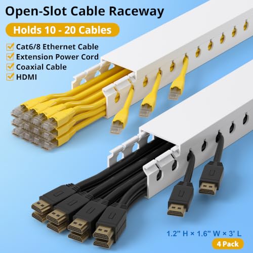 Image of 1.2 inchH x 1.6 inchW Cable Raceway, 12ft Under Desk Wire Management Channel, White | Slotted Wire Duct, 4 Pack (3 ft Each), Heavy-Duty PVC Cable Management for Server Racks, Network Cables & Electrical Cabinets