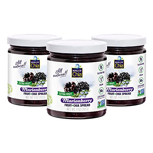 World of Chia Extra Fruit Chia Seeds Jam Variety Pack - Marion Blackberry Jams and Preserves – All Natural Super Food Chia Jam, Gluten Free, Vegan, Additive Free, Low Sugar, Omega 3, Non-GMO, Made in USA Fruit Spread - (10.6 Oz, 300 g Jar) Pack of 3