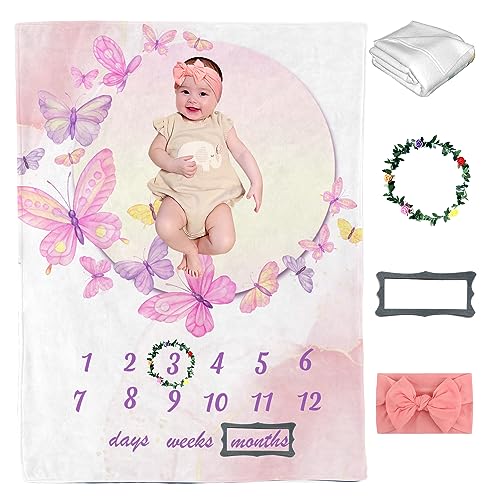 Image of VLANMON Baby Milestone Blanket for Girl Pink Butterfly Wreath Monthly Newborn Growth Chart Tracker Photography Background Newborn Photo Prop Months Weeks Days