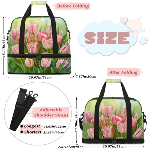 Large Weekender Overnight Bags Travel Duffel Bag for Women Men Flower Tulip Pink Gym Bags With Shoe Compartment Foldie Travel Tote Bag Carry On Personal Item Bag for Travel Gym Sports2