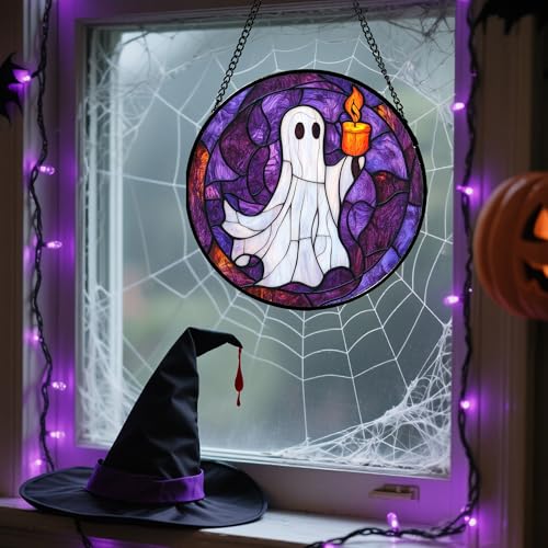 Image of Stained Glass Window Hanging - Halloween Decorations Ghost Suncatcher for Doors Garden Indoor Spooky Funny Purple Sun Catchers Gothic Decor Horror Gifts for Women Men Friend 9.8 in