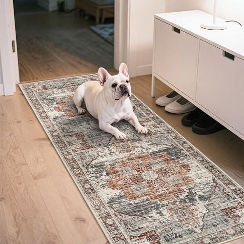 Washable Hallway Runner Rug 2x6 - Boho Rugs for Living Room Stain Resistant Carpet Vintage Tribal Rugs for Bedroom Kitchen Bathroom Non Slip Backing Home Decor Floor Decoration Mat 2x6 Brick