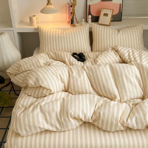 Image of Nayoroom Striped Duvet Cover Queen Cream Yellow Stripe Bedding Set