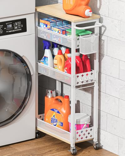 Image of Slim Storage Cart 4 Tier Laundry Cart with Wheels, Narrow Metal Kitchen Rolling Carts Bathroom Organizers Storage Shelf with Wood Rack and Handle for Small Space