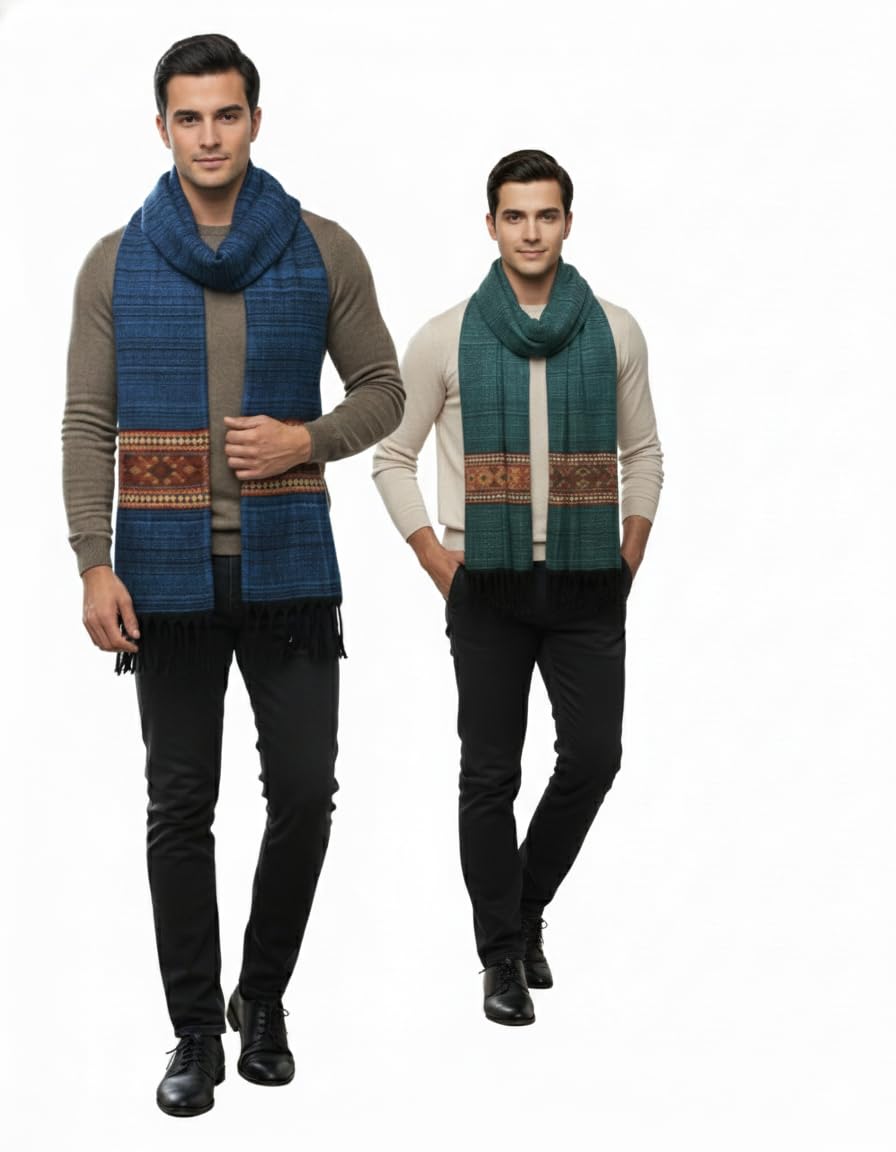 SGS Winter Knit Scarf with Tribal Pattern Border, Long Unisex Style, Blue and Teal Green Colors, Warm Casual Wear (PACK OF 2)-image-31