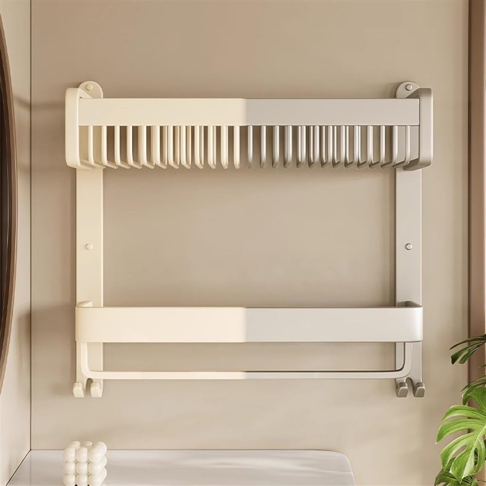 Portaoggetti Doccia Portaoggetti da bagno integrato a 2 livelli, portaoggetti da doccia da parete con barra portasciugamani e ganci, organizer da doccia in alluminio senza foratura Mensole Bagno(39CM)