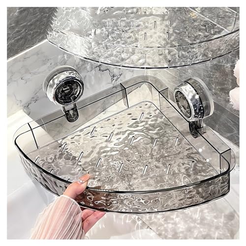 Corrugated Suction Cup Storage Holder Corner Shower Caddy Large Organizer Bathroom Shelf Clear Acrylic Shower Tray Shelves Inside Floating Shower Wall Shelf Bath Basket Rack Heavy Duty (Corner-Grey)