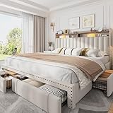 EnHomee Upholstered King Size Bed Frame with 4 Storage Drawers, 2-Tier Storage Headboard, Platform Bed Frame with Wooden Slats Support, No Box Spring Needed, Beige
