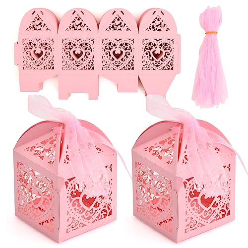 Paper Candy Box，5 * 5 * 8 cm Candy Treat Gift Box with Ribbons 50 Pcs Hollow Love Heart Gift Box Wedding Party Favour Boxes Wedding Favours Box for Anniversary, Birthday Party