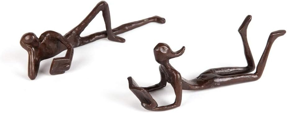 Danya B. ZD17346 Man and Woman Leisurely Reading a Book Bronze Sculptures – Metal Shelf Décor (2 Piece Set)