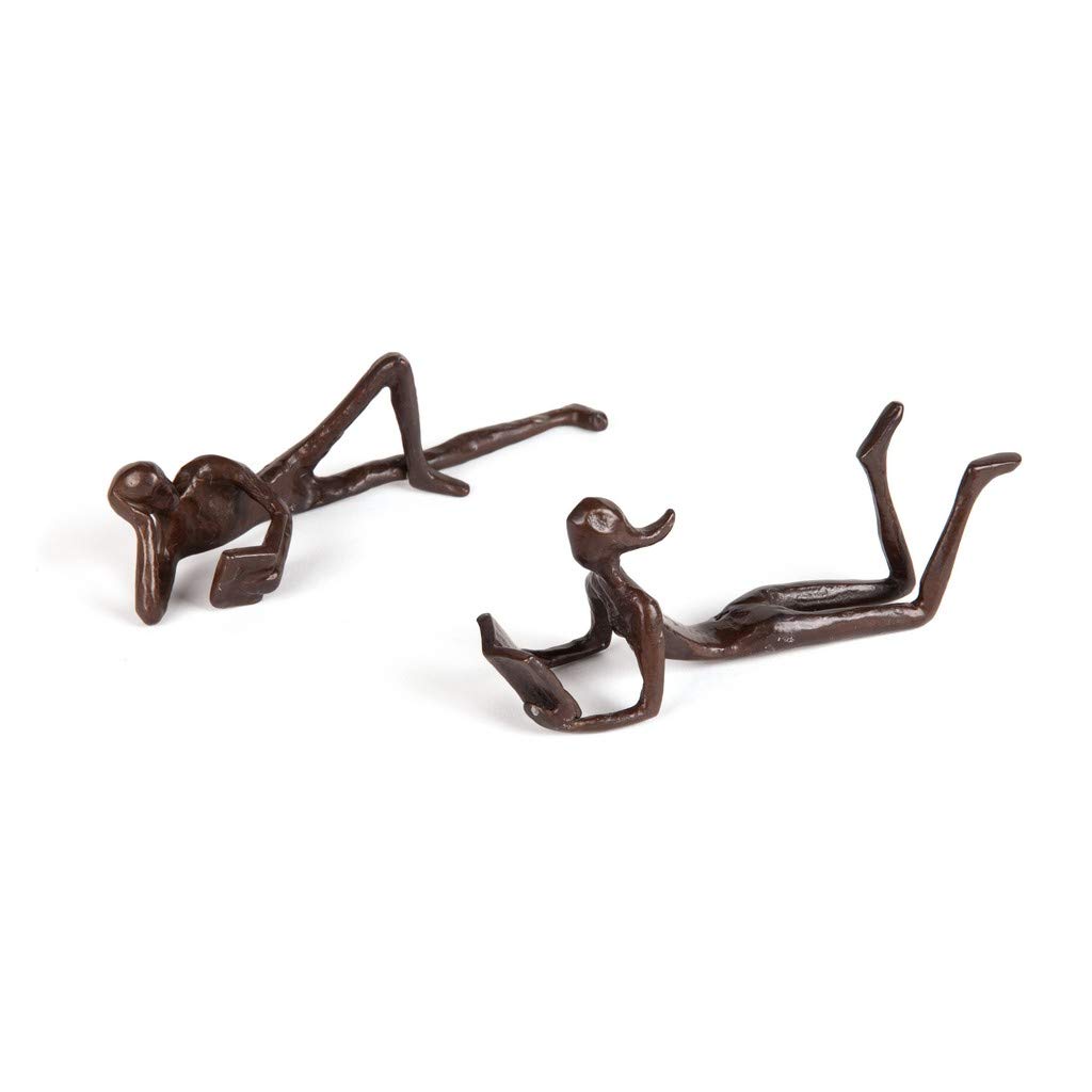 Danya B. ZD17346 Man and Woman Leisurely Reading a Book Bronze Sculptures – Metal Shelf Décor (2 Piece Set)