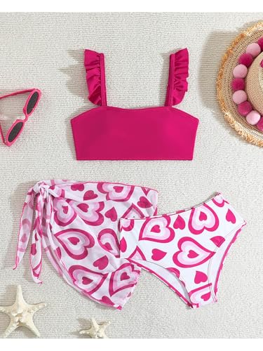 Choomomo Girls' 3 Piece Bikini Set Ruffle Straps Swim Cover Up Sets Beach Skirt Heart Print Swimwear Hot Pink 10-11 Years2