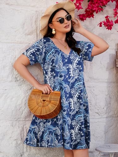 Image of ZENNILO Women's Plus Size Swing Dress with Pockets Casual Summer Dresses V Neck Short Sleeve T Shirt Dress for Women