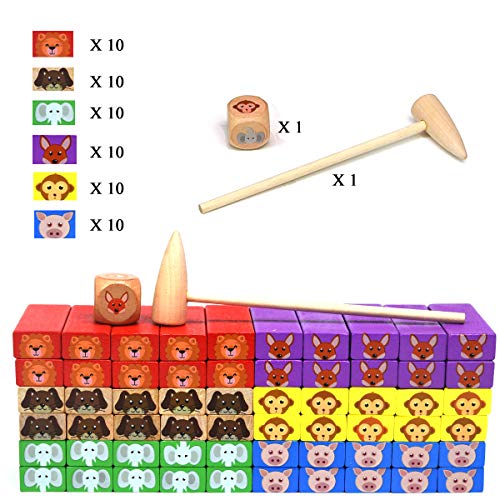 GYBBER&MUMU 60 Pieces Colorful Animal Patterns Wooden Blocks Stacking Board Games with 1 Wood Hammer &1 Dice (60PCS_Colorful) - Thumbnail 6