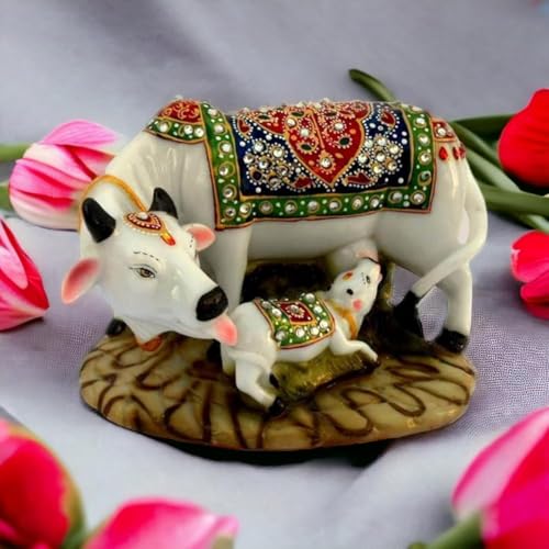 Image of SAUDEEP INDIA Combo of Resin Cow and Calf Idol for Home Decor with Lumba /Couple Rakhi Set Brother Bhabhi(Couple Rakhi with Gift Hamper)