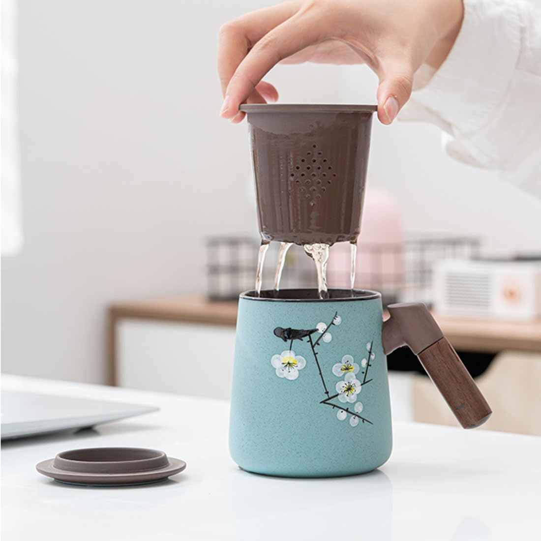 Tazza da tè in Ceramica con infusore e Coperchio, Tazza da tè Zisha con Manico in Legno, Tazza di infusione novità con Filtro per macerazione Foglia Sciolta per casa e Ufficio,Verde