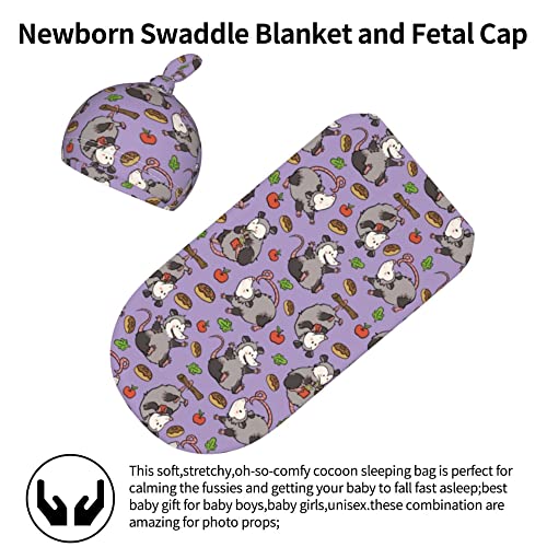 Image of Purple Possum Newborn Swaddle Blankets with Hat Sets Newborn Receiving Blanket for Boy Girl Swaddle Sack Shower Infant Gift
