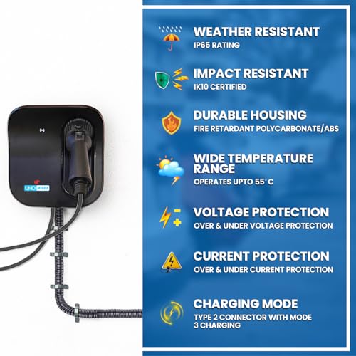 Image of Uno Minda Battery Charger for EV Car,7.4KW, 32A Adjustable Current, 230 Vac I /O Voltage, 3 Charging Modes, OCPP 1.6, Wi-Fi /Bluetooth 5.0, 5-7hrs Fast Charging, IP65 & IK10 Protection, Wall /Pole Mount