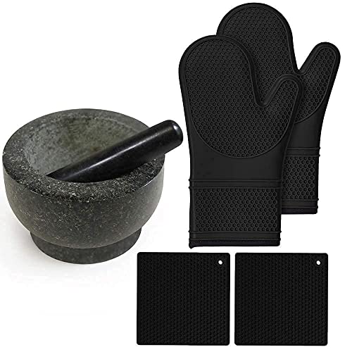 Gorilla Grip Mortar and Pestle Set and Oven Mitt and Pot Holder 4 Piece Set, Granite Mortar and Pestle Holds 2 Cups, Both in Black Color, 2 Item Bundle