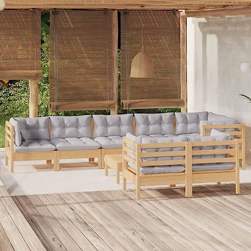 Ziaphsol 9-Piece Garden Lounge Set, Grey Cushions, Solid Pinewood...