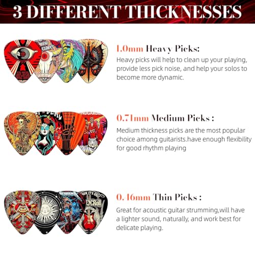 Image of ZIBUYU 12Pcs Guitar Picks PVC Guitar Picks with Thin, Medium & Heavy Picks Rock Aesthetic Pick 0.46mm /0.71mm /1mm (12Pcs Roll)