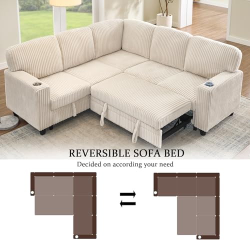 Image of KEIKI 81 inch L-Shaped Oversized Corduroy Modular Sectional Sleeper Sofa with Pull-Out Bed, Storage Seat, Modern 5-Seater Upholstered Couch Bed with Charging Station, Easy Assembly, for Living Room, Beige