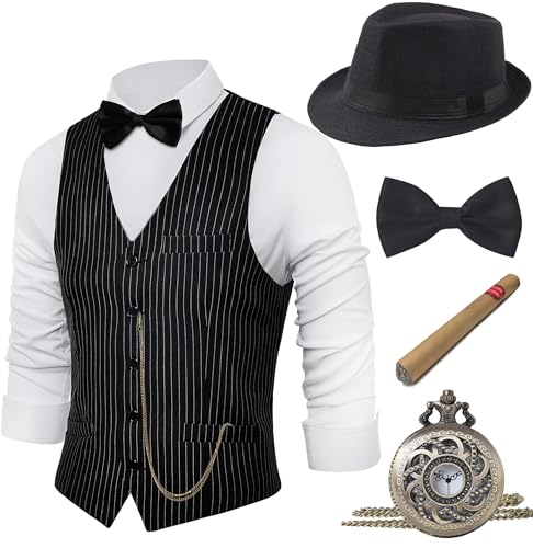 Image of BABEYOND 1920s Mens Gatsby Gangster Vest Costume Accessories Set Fedora Hat