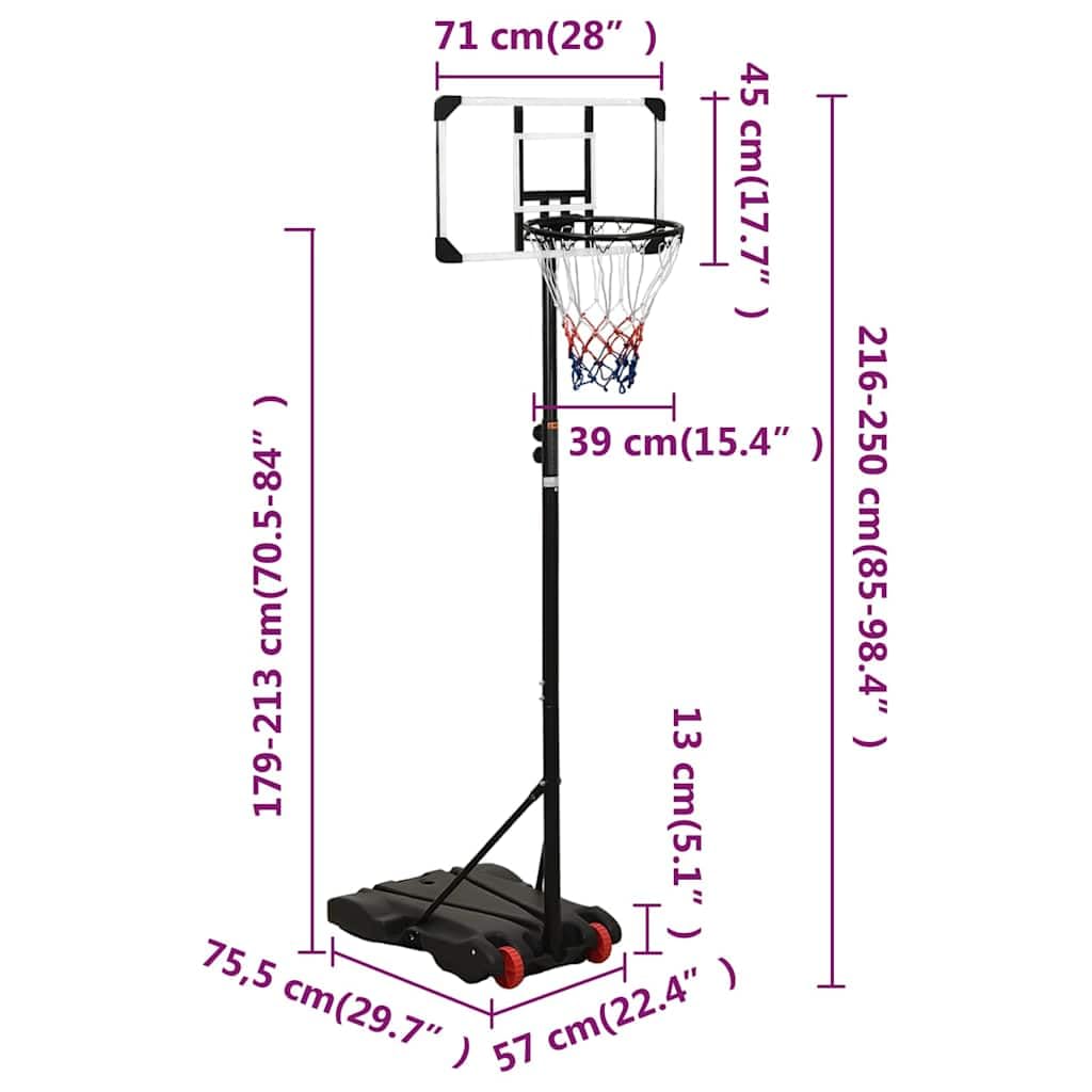 Supporto da basket trasparente regolabile in altezza 216-250 cm con pannello posteriore in policarbonato, anello in acciaio e rete in nylon resistente alle intemperie, portatile con ruote