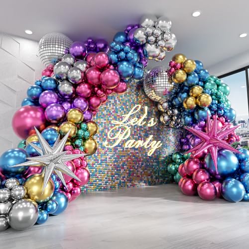 FOTIOMRG 135pcs Disco Balloon Arch Kit with Disco Ball Balloons Silver Blue Green Purple Hot Pink Gold Metallic Balloons Star Disco Foil Balloons for Birthday 70S 80S 90S Disco Party Decoration