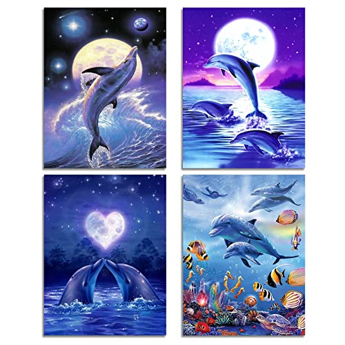 Muzagroo Art Lot de 4 kits de peinture diamant 5D pour adultes avec diamants ronds pour débutants, dauphins, décoration murale pour salon