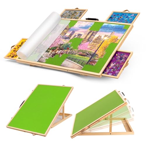 Tektalk Convertible Jigsaw Puzzle Board, Two-Way Use Adjustable Puzzle Table with Cover & 4 Colored Sorting Drawers, Tilting Wooden Plateau, for Up to 1000 Pieces - Green