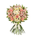 Peruvian Lily and Rose Bouquet – Handcrafted Fresh Flowers Featuring Cerise, Pink, White and Yellow Alstroemeria with Belle Roses – Long-Lasting Gift for Birthday, Anniversary or Any Occasion