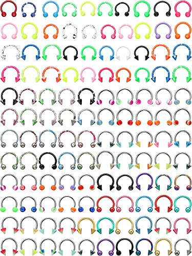 120 Pcs Septum Rings Piercing Jewelry Nose Horseshoe Rings for Women Men Cartilage Tragus Earrings Body Jewelry Stainless Steel Acrylic, Multi Styles