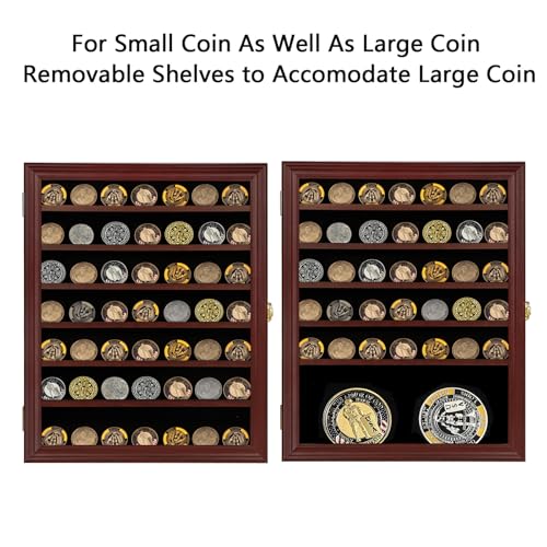 Image of Jinchuan Military Challenge Coin Display Case Lockable Cabinet Rack Holder Shadow Box with Removable 2 Grooves Shelves and Anti Dust Door for Casino Poker Chips Collectibles, Large - Mahogany