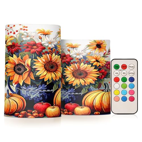 Image of Flickering Flameless Candles, Sunflowers Pumpkins Autumn Thanksgiving LED Candles with Remote Timer, Set of 2 Battery Operated Candle for Valentine Wedding Birthday
