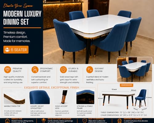 Image of WOODEN SPACE 6-Seater Wooden Dining Table Set | Nano Composite Marble Top | Solid Wood Base | Modern Dining Room Furniture with 6 Chairs (Blue Infinity Backline)