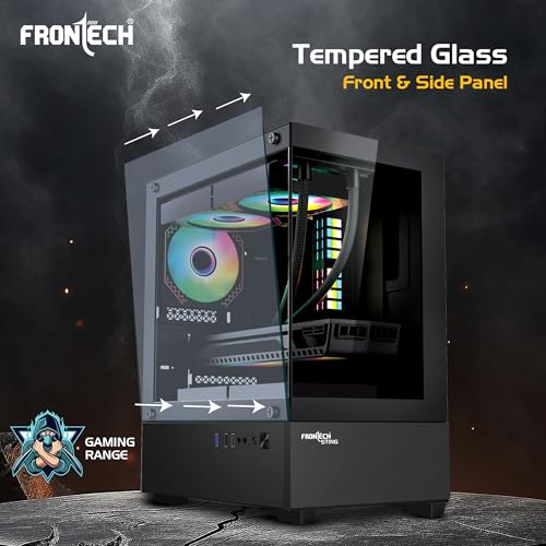 Image of Frontech Sting Gaming Cabinet | Mid-Tower PC Case | ATX & m-ATX Support | Tempered Glass Front & Side Panel | 3 Pre-Installed 120mm RGB Fans | USB 3.0 I /O | Bottom PSU Mount (FT-4348)