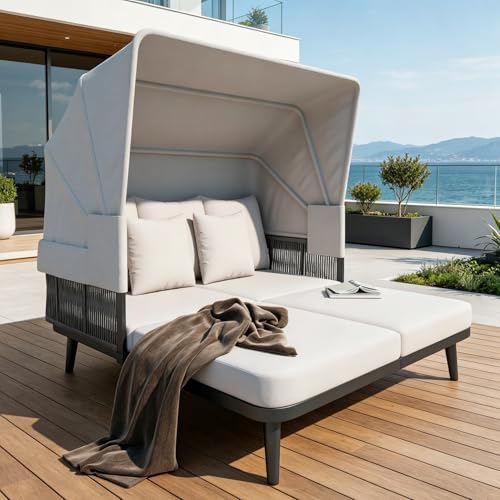 luckdect Chaise Longue Modulable Bain de Soleil Double,Canapé-lit de Jardin Extérieur avec Pare-Soleil en Poly Rotin PE avec Coussin pour Amenagement Balcon...