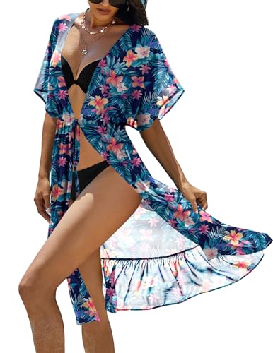 Ekouaer Women Beach Swimsuit Coverup Sexy Long Kimono Cardigan Cover Up Beachwear Blue Plant L