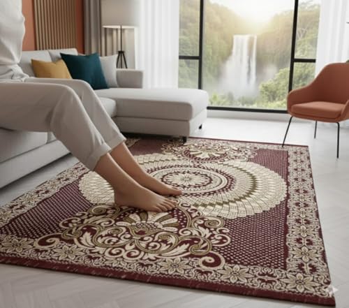 Image of Chenille /Cotton Carpet 5x7 Feet | Soft Velvet Rug for Living Room, Hall & Bedroom | Floor Carpet for Home | Designer Dari for Floor 150x210 cm | Non-Slip & Durable Kalin (Maroon)